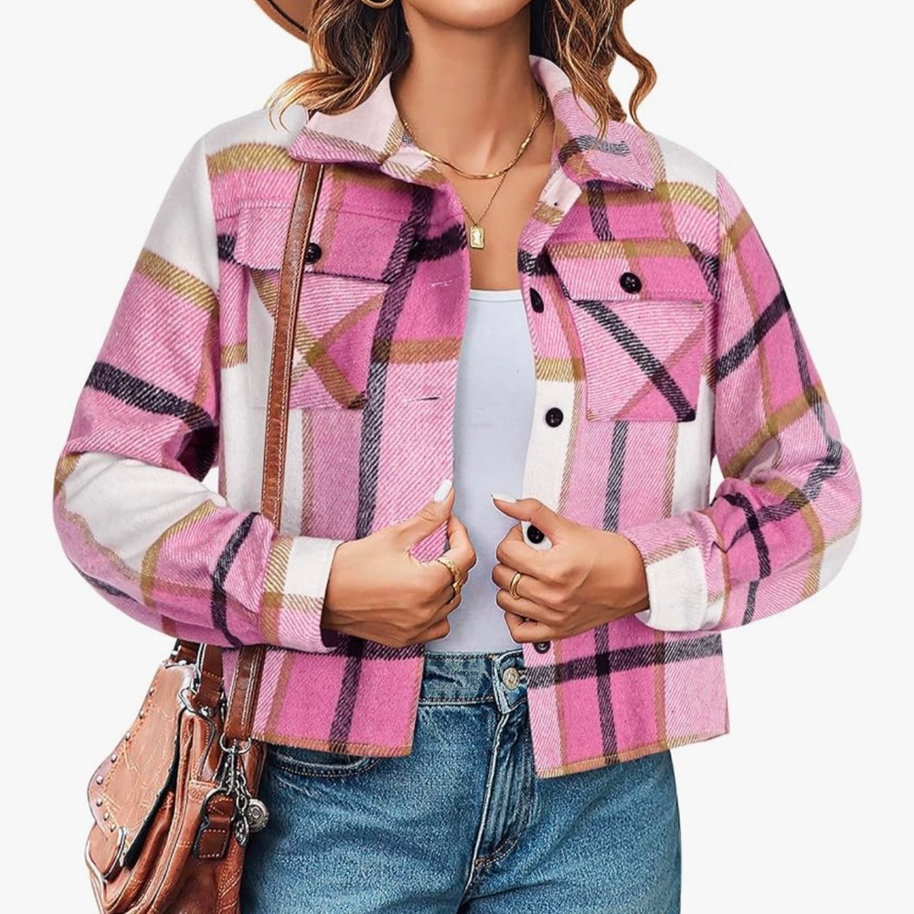 Zeagoo Women’s Flannel Cropped Shacket Jacket Plaid Button Down Shirt Pink Large